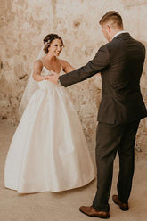 Ivory Satin A-line V-neck Spaghetti Straps Sleeveless Wedding Dresses